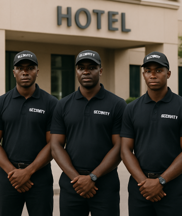 Three African security guards in uniform standing confidently outside a hotel, ready for 24/7 protection.