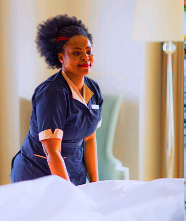 Luxury hotel 24/7 room service delivering meals and beverages to guest rooms